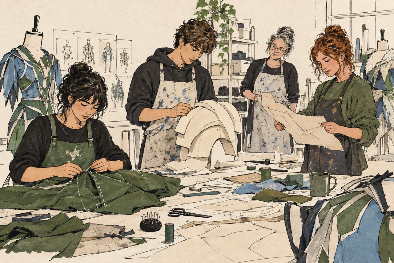 Illustratie van vier makers die in een atelier aan patronen en cosplaykostuums werken.