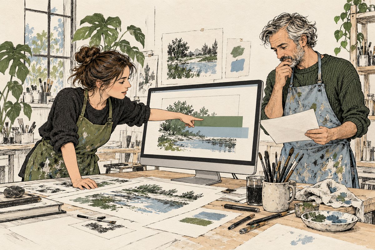 Twee makers vergelijken overlappende meetbanden bij een beeldscherm in een atelier
