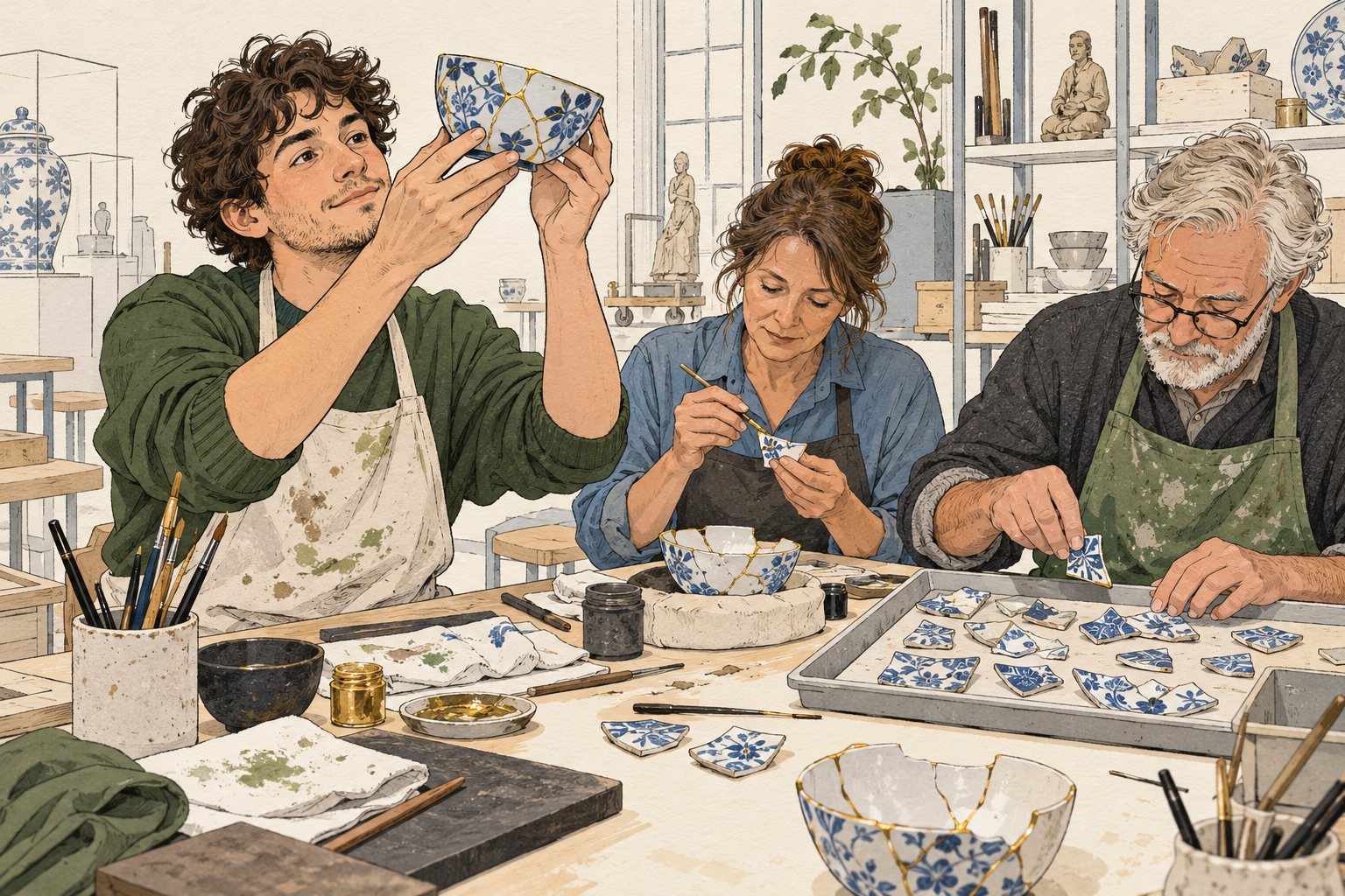 Illustratie van deelnemers die keramiekscherven met goudkleurige naden herstellen