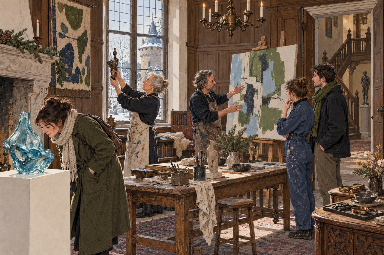 Getekende bezoekers bekijken glaskunst, een bronzen beeldje en een abstract schilderij in een historische kasteelsalon