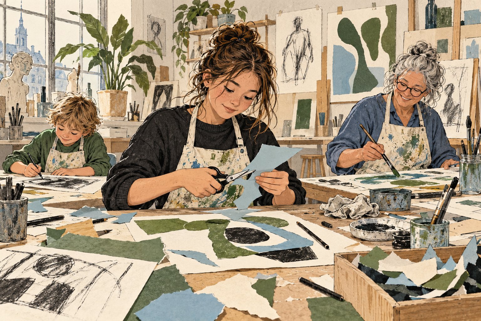 Illustratie van deelnemers die tekenen en collages maken in een museumatelier