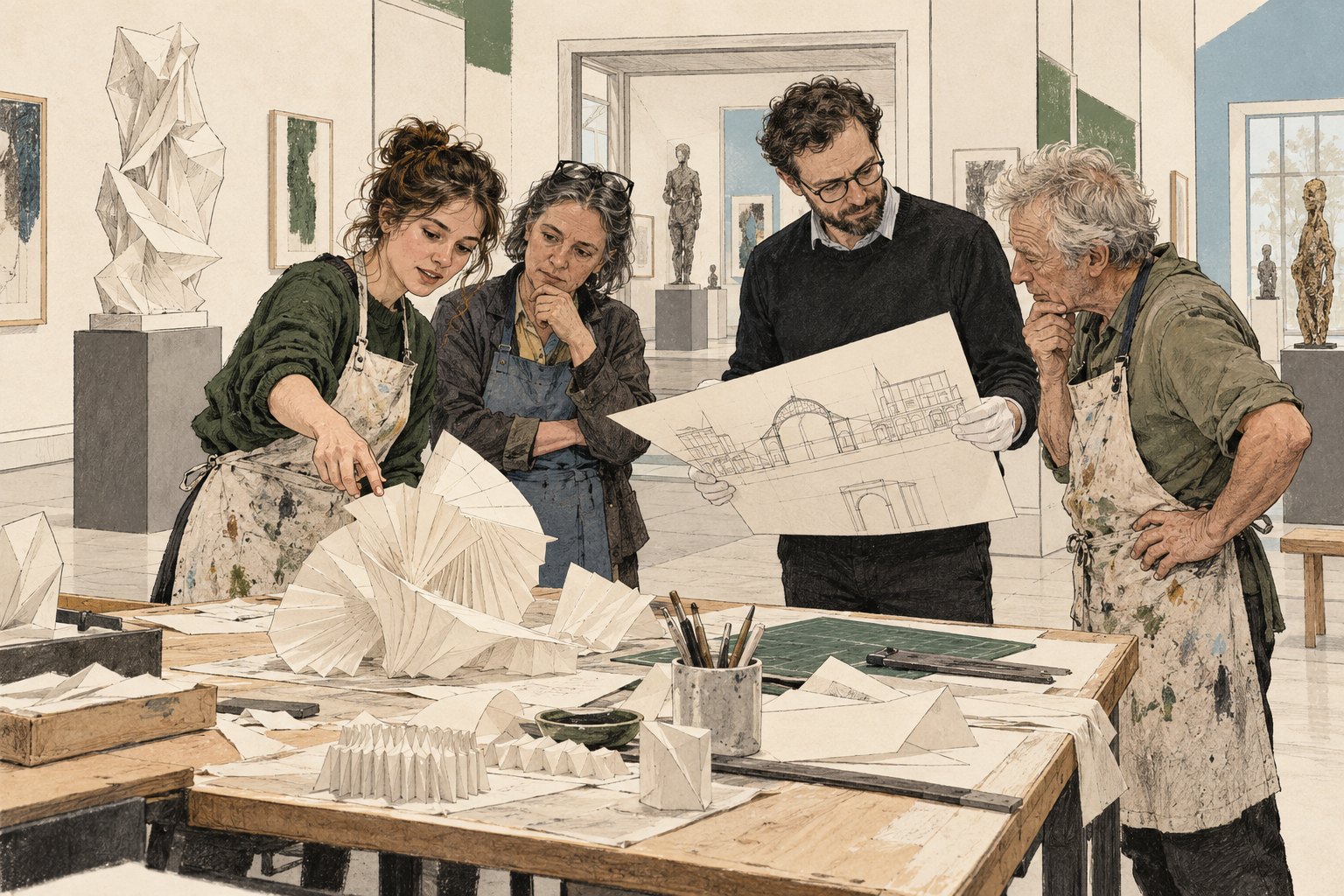 Illustratie van papierkunst en een bespreking van een museumgebouw
