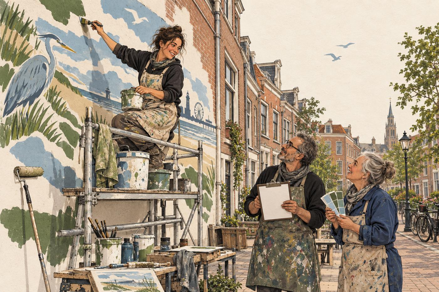 Illustratie van een kunstenaar die een muurschildering op een Haagse zijgevel schildert terwijl buren met een handtekeningenlijst toekijken
