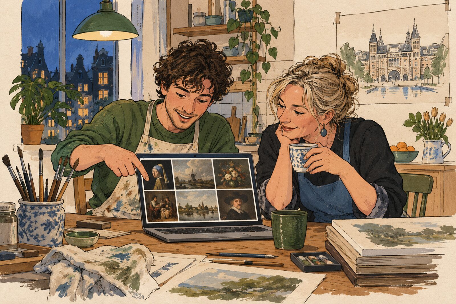 Twee mensen zoeken thuis in de online collectie van een museum