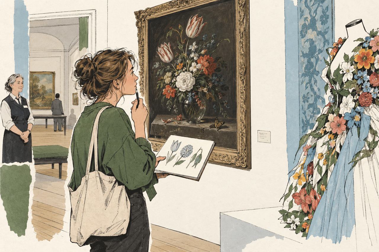 Illustratie van een museumbezoeker die een denkbeeldig bloemstilleven bekijkt en een compositie schetst.